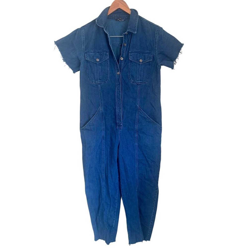 Banana Republic Factory Distressed Denim Short Sleeve Jumpsuit Blue Size Medium